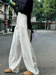 【现货】白色弧形亚麻质感CHAO舒适镰刀裤子女设计高腰百搭休闲裤