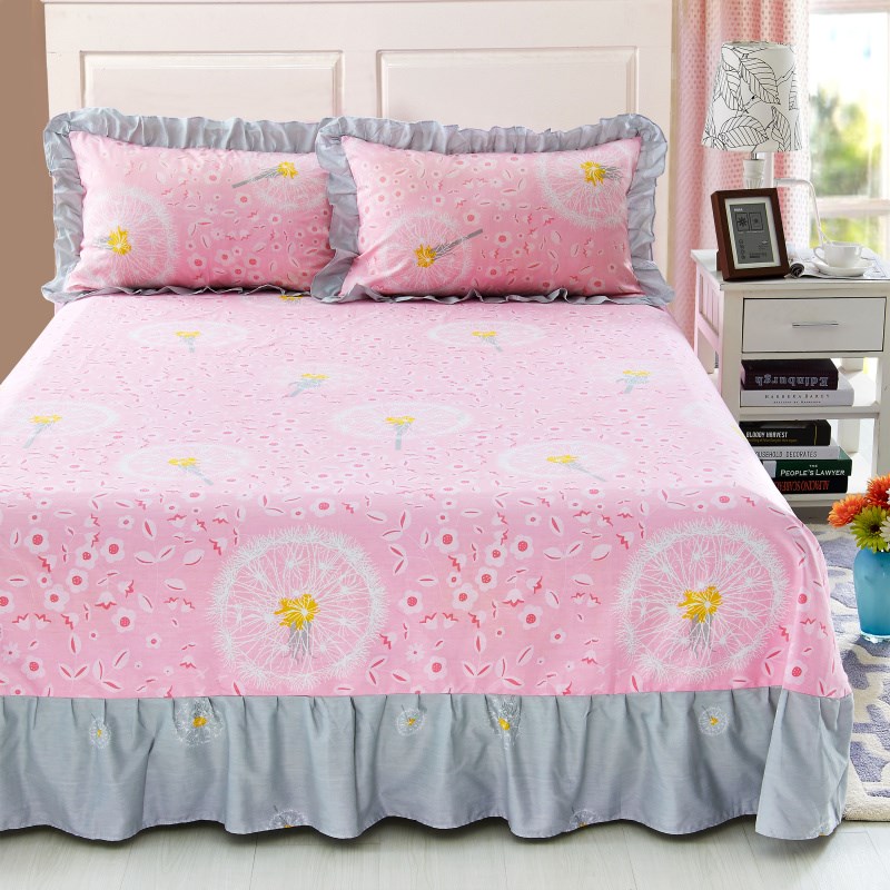 全棉布少女生花边荷叶边蒲公英粉色床单单件纯棉公主风被单裙式