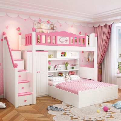 高低床带书桌女孩_儿童多功能组合床上下床双层床交错式高低床带书桌