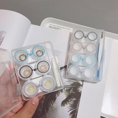 透明美瞳盒三副装镊子带胶圈防漏水双联盒便携收纳隐形近视眼镜.