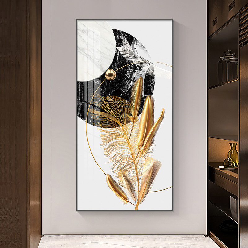 轻奢玄关装饰画金色羽毛走廊过道墙面挂画现代简大气高档竖版壁画