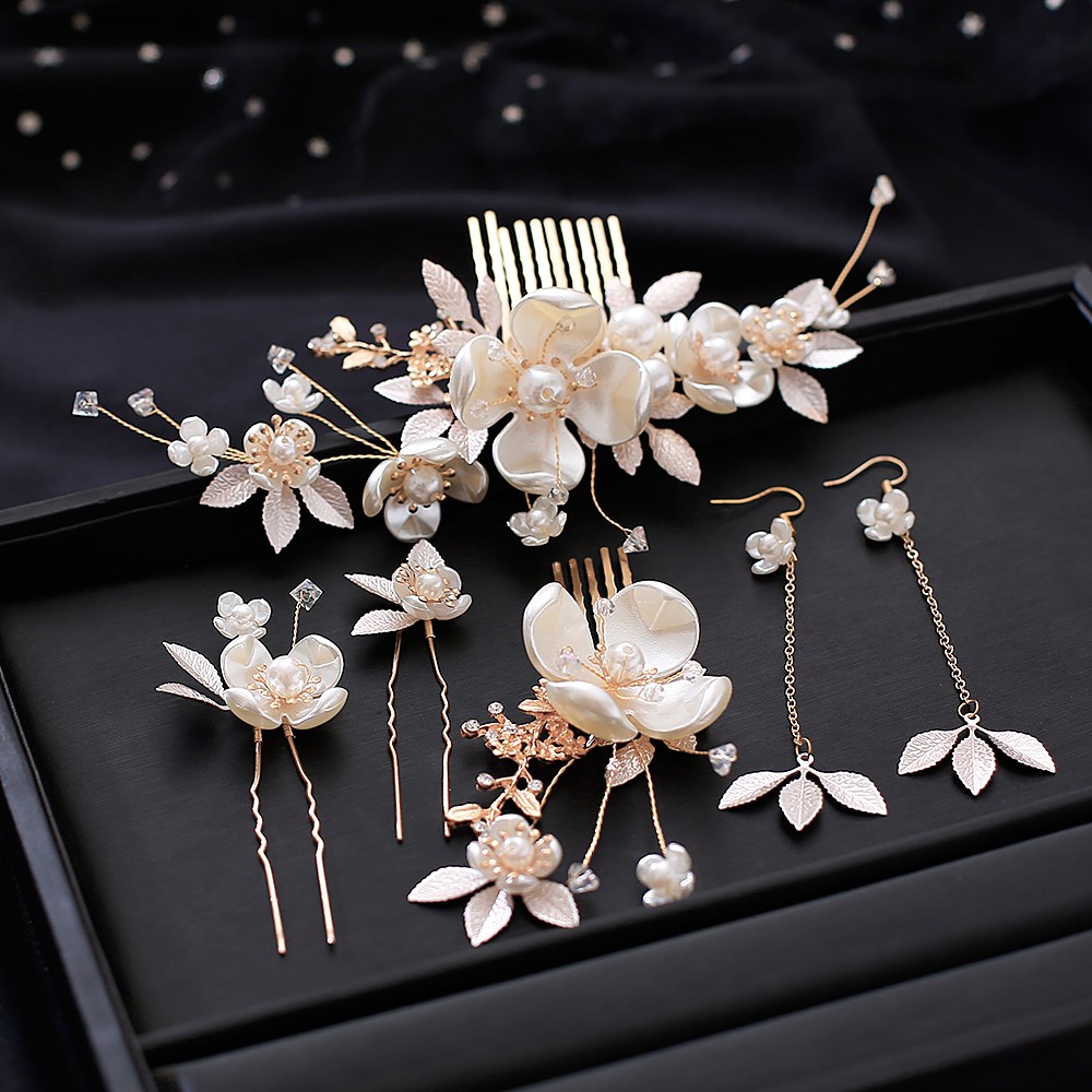 新娘结婚头饰2021日韩新款甜美珍珠盘发发饰套装结婚礼白纱配饰品