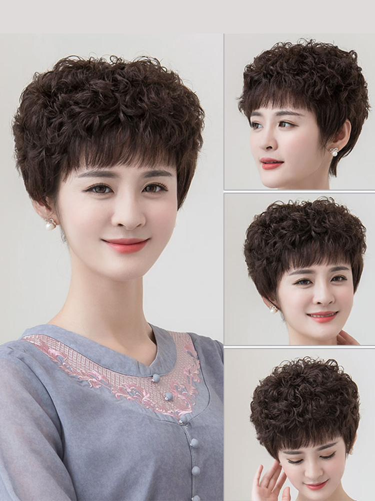 正品黛美丝假发女短发圆脸中老年女款短卷发全头套式真发妈妈假发