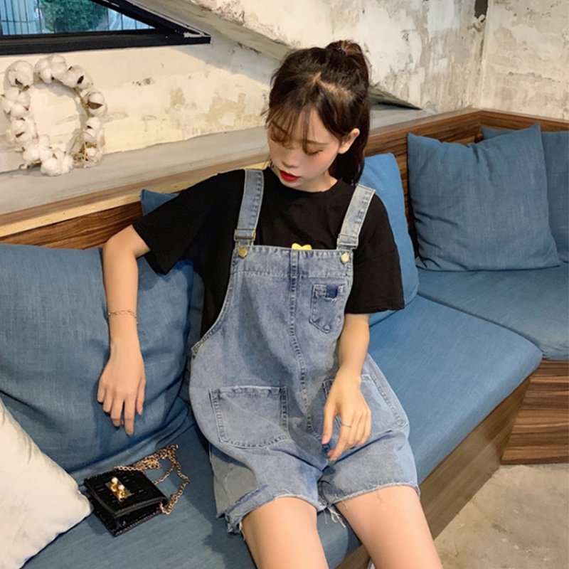 大码女装胖妹妹2021夏季上新牛仔背带短裤微胖女孩穿搭遮腿显瘦潮