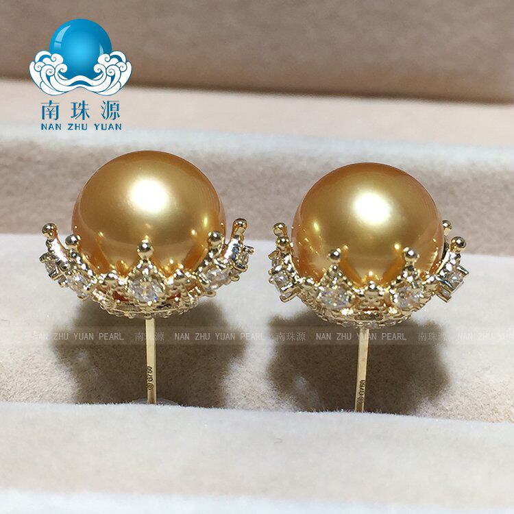 进口南洋金珠耳钉海水珍珠耳环耳坠18k金正圆无瑕强光皇冠款