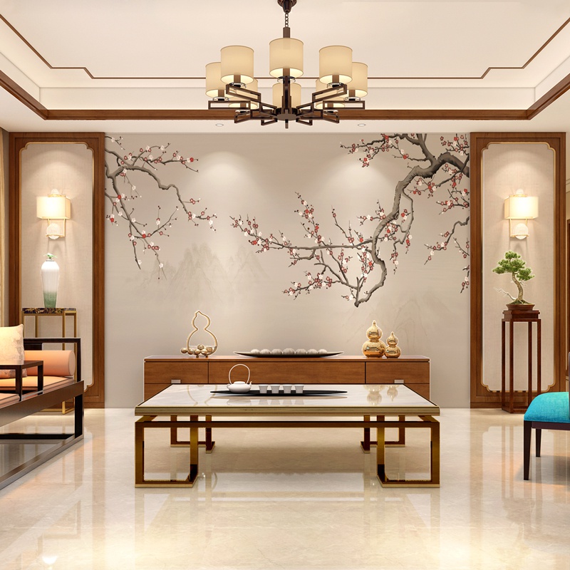 新中式电视机背景墙壁纸客厅8d立体手绘梅花鸟墙纸壁画影视墙墙布
