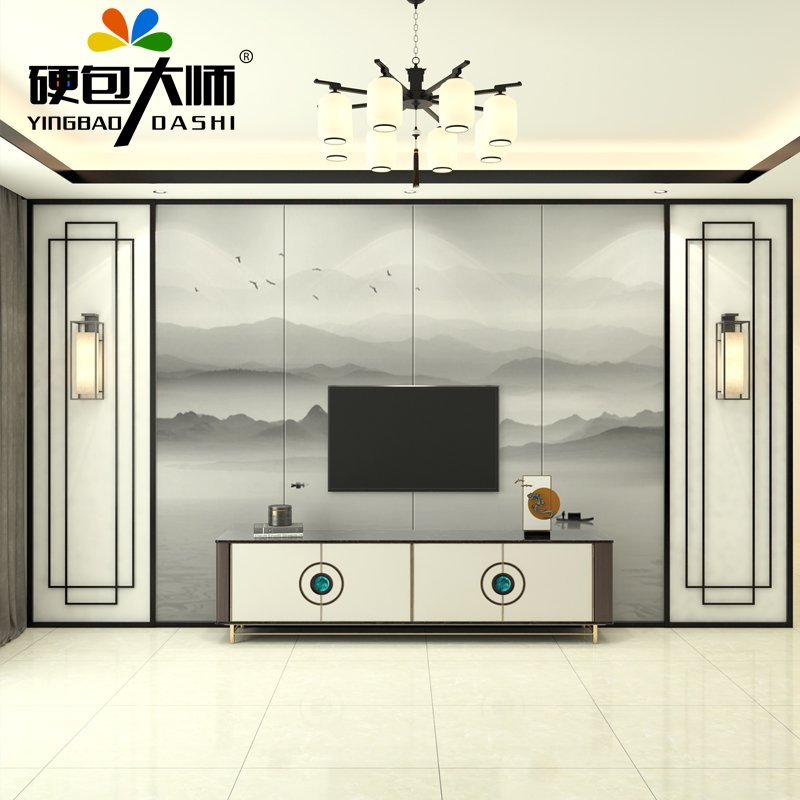 新中式水墨山水硬包电视背景墙抽象意境客厅影视墙卧室软包定制