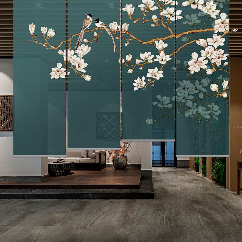 新中式花鸟卷帘布艺屏风软隔断半透纱质挂帘可升降窗帘隔断帘挂屏