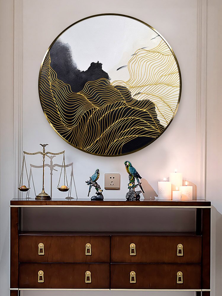 金属框画圆形装饰画新中式玄关客厅挂画壁画轻奢大气国画千峰竞秀