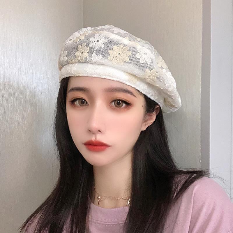 日韩风镂空钩花蕾丝花朵贝雷帽女甜美仙女白春夏季薄款透气遮阳帽