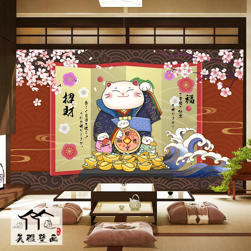 日系可爱招财猫海报墙纸日本餐厅居酒屋寿司店壁画日料店装饰壁纸