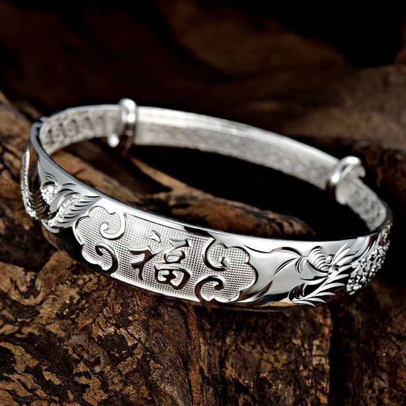 纯银手镯女999足银实心推拉福字首饰品送妈妈年轻款婆婆长辈礼物