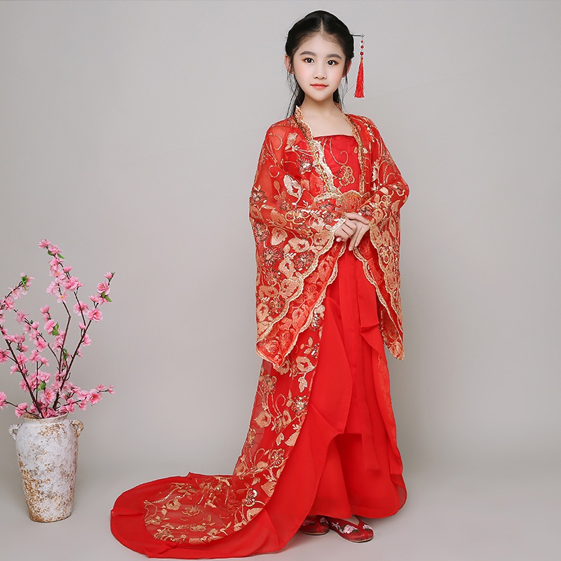 儿童古装贵妃拖尾女童唐朝公主皇后汉服仙女宫廷舞蹈走秀演出服装