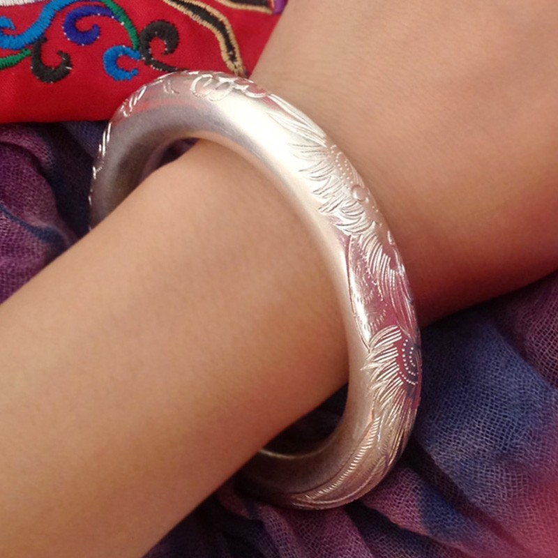 高档实心古法传承中国龙凤呈祥银手镯女纯银999足银重手工镯子妈