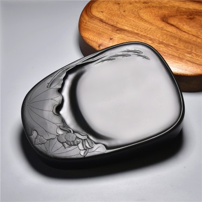 高档国家非遗《荷塘月色》中国歙砚天然原石砚台手工雕刻一体成型