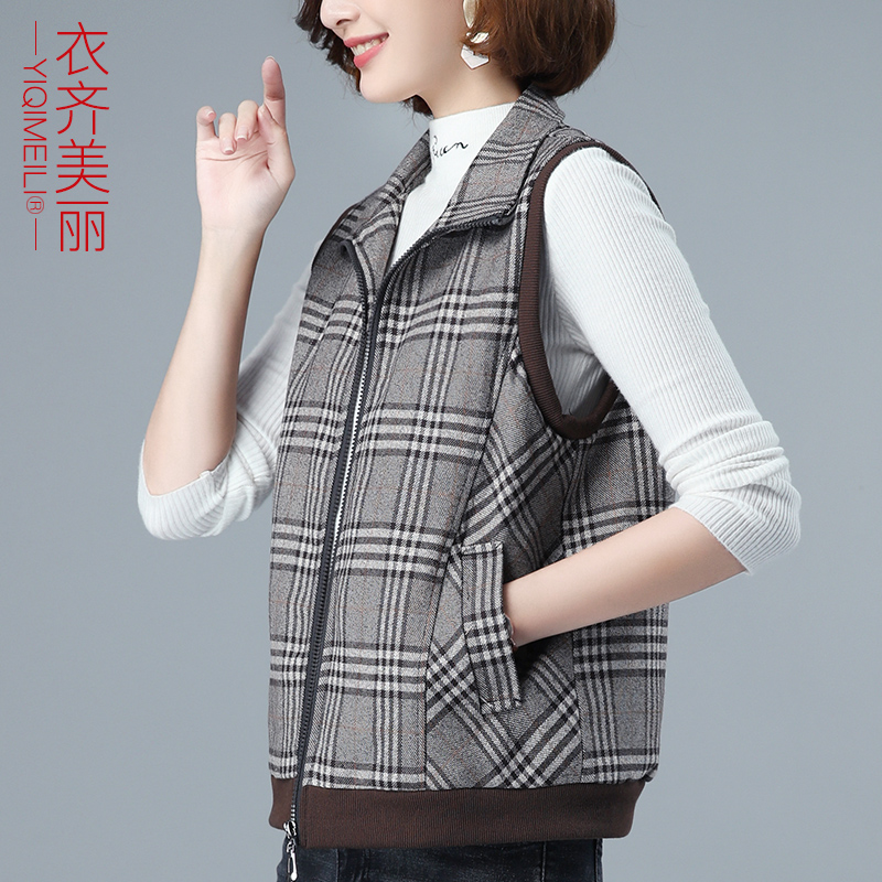 格子马甲女2020新款短款立领中老年马夹宽松休闲背心春秋坎肩外穿