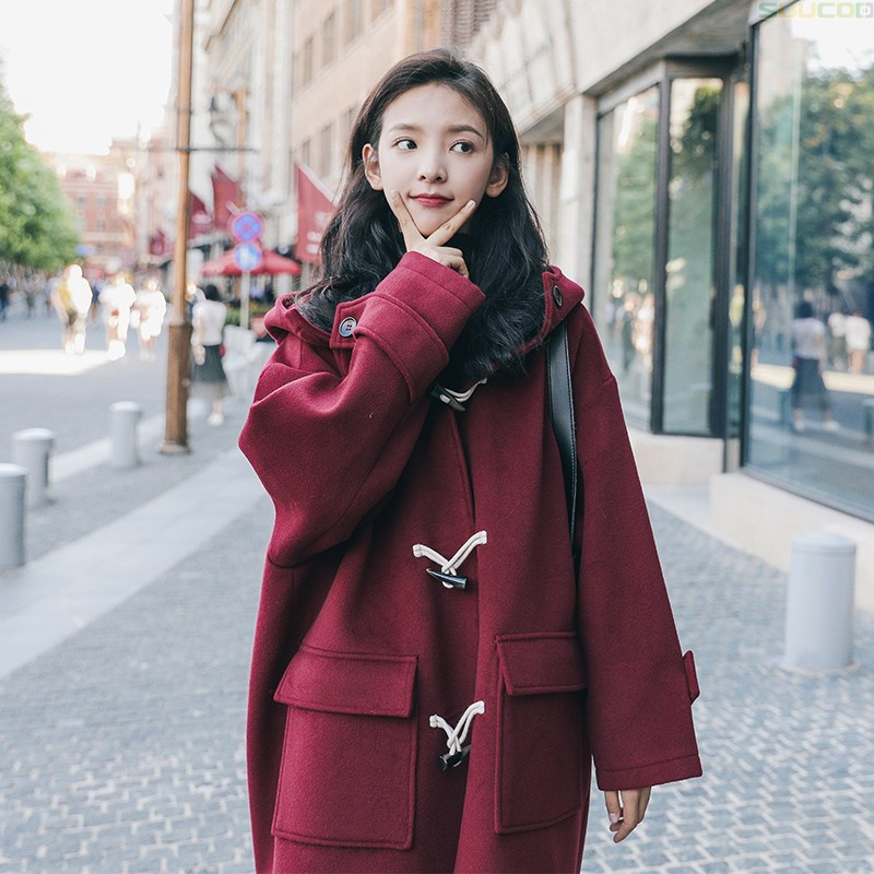 酒红色牛角扣毛呢外套女中长款韩版2020新款学生流行呢子大衣秋冬