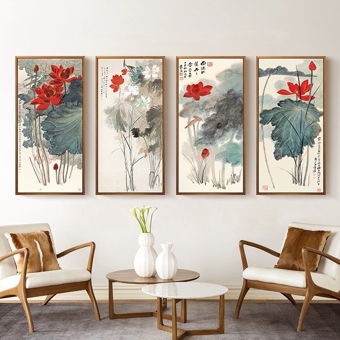 彤诠商贸城的小店的优惠券大全—新中式客厅四联装饰挂画张大千国画