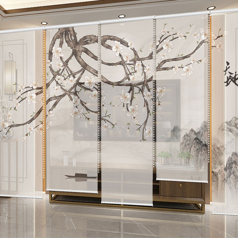 半透明柔纱帘新中式山水挂式隔断帘卷拉卷窗帘办公室窗帘遮阳遮光