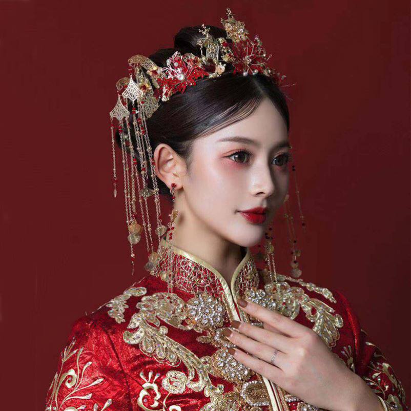 新娘红色古装发饰中式秀禾头饰大气结婚饰品凤冠步摇耳环奢华套装