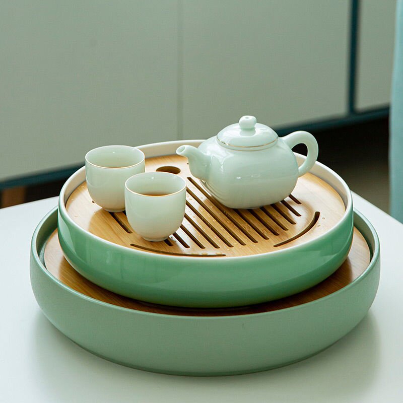 瓷茶盘圆形茶盆新款家用小型茶盘塑料茶杯托盘竹制沥水小茶台客厅