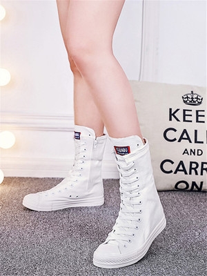 长筒款女帆布鞋春季中腰鞋子拉链大码高筒潮靴子平底百搭高帮休闲