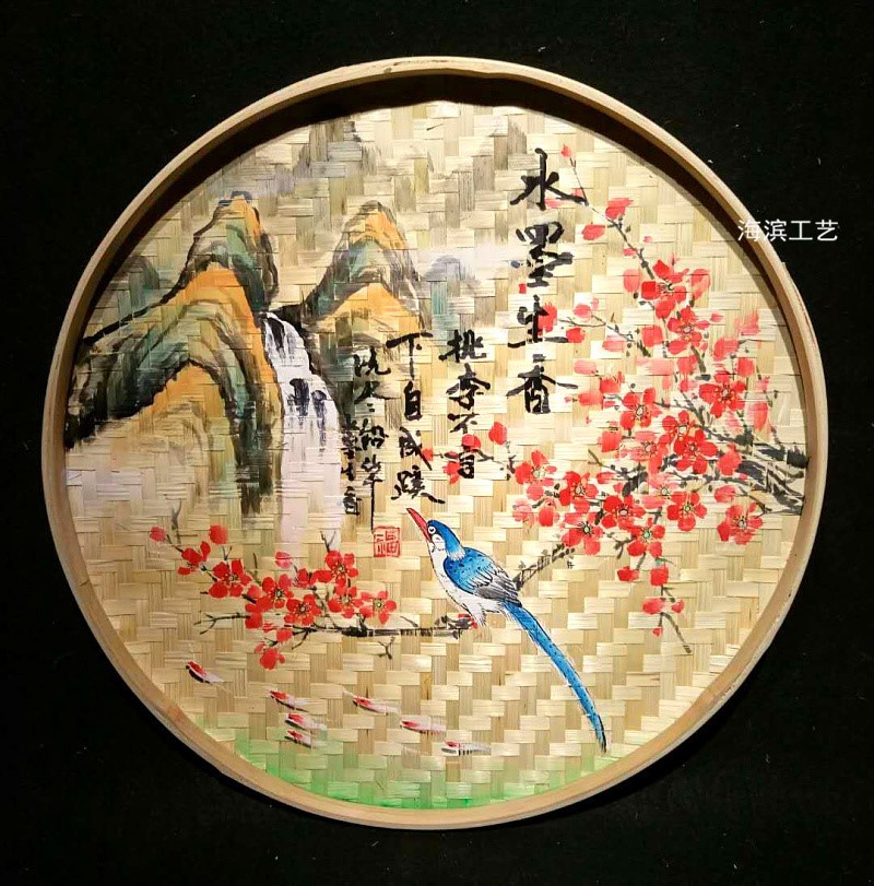 手绘画竹簸箕画竹农家乐装饰品竹编墙饰田园装饰墙壁挂件挂饰挂画