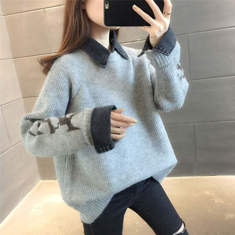牛仔袖拼接假两件毛衣女2020秋冬新款韩版宽松慵懒风外穿针织上衣