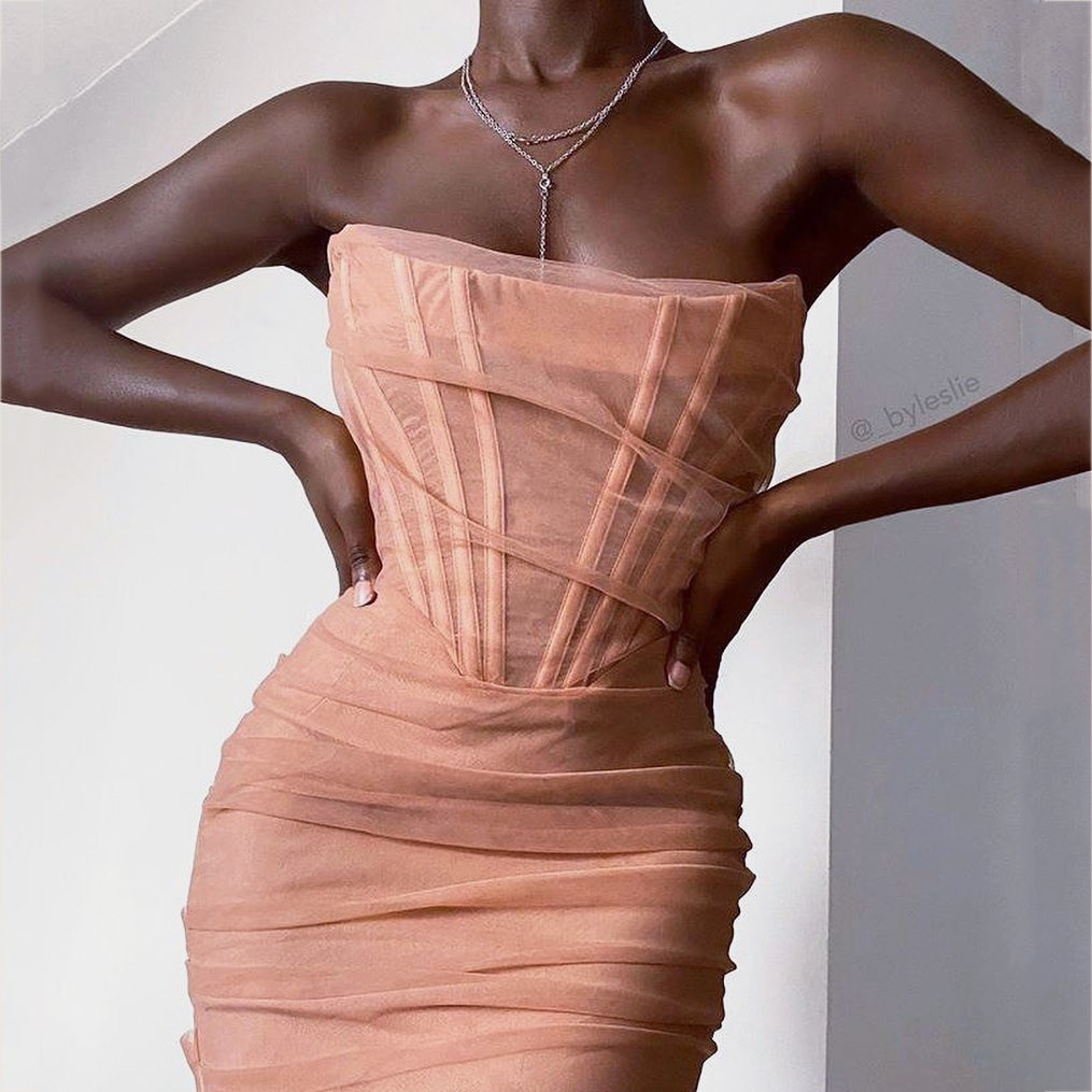 欧美连衣裙鱼骨束腰网纱褶皱修身抹胸裙晚宴聚会设计师高档j礼服