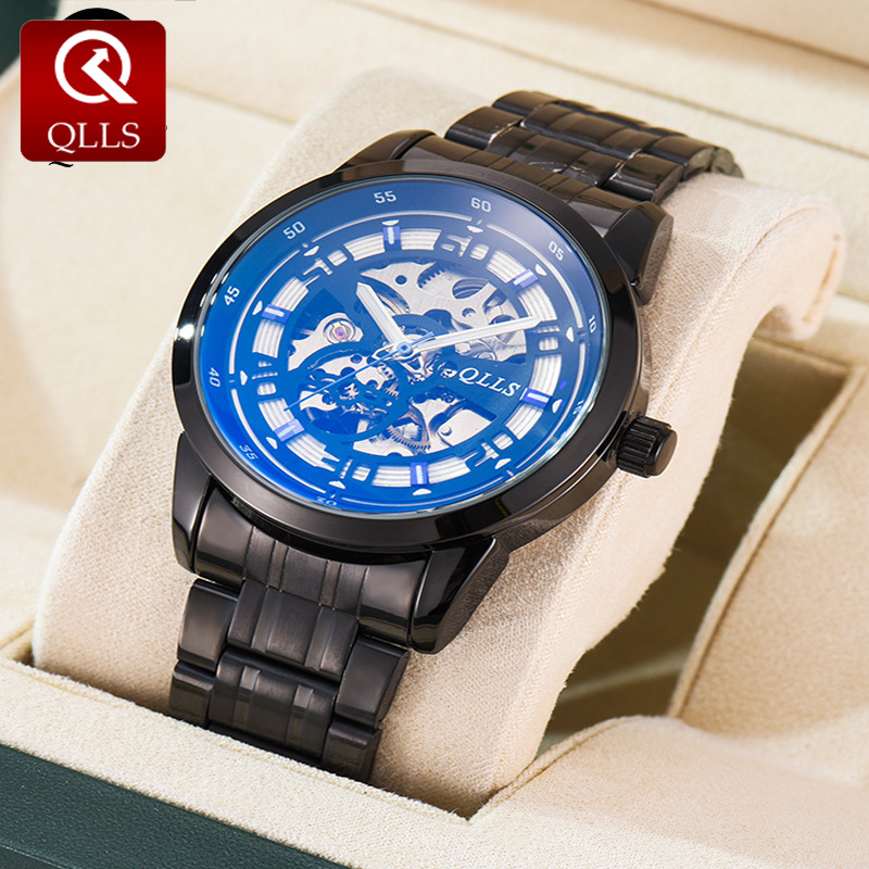 摩登国际奇洛时qlls男士手表商务休闲全自动机械表镂空黑武士腕表