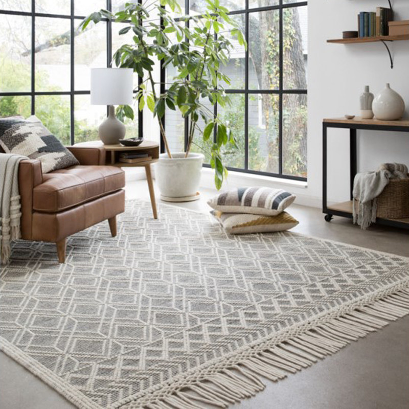 现代简约客厅大地毯北欧美式卧室床边羊毛地毯极简素雅印度手工毯