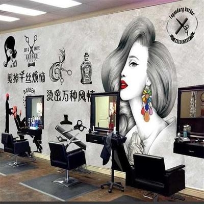 3d手绘复古理发店壁纸美容美发造型室背景墙壁画时尚发廊墙纸墙布