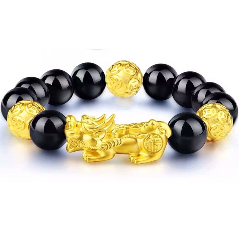 真貔貅手链男越南沙金手串女3d硬足黄金24k999黑曜石皮丘招财首饰
