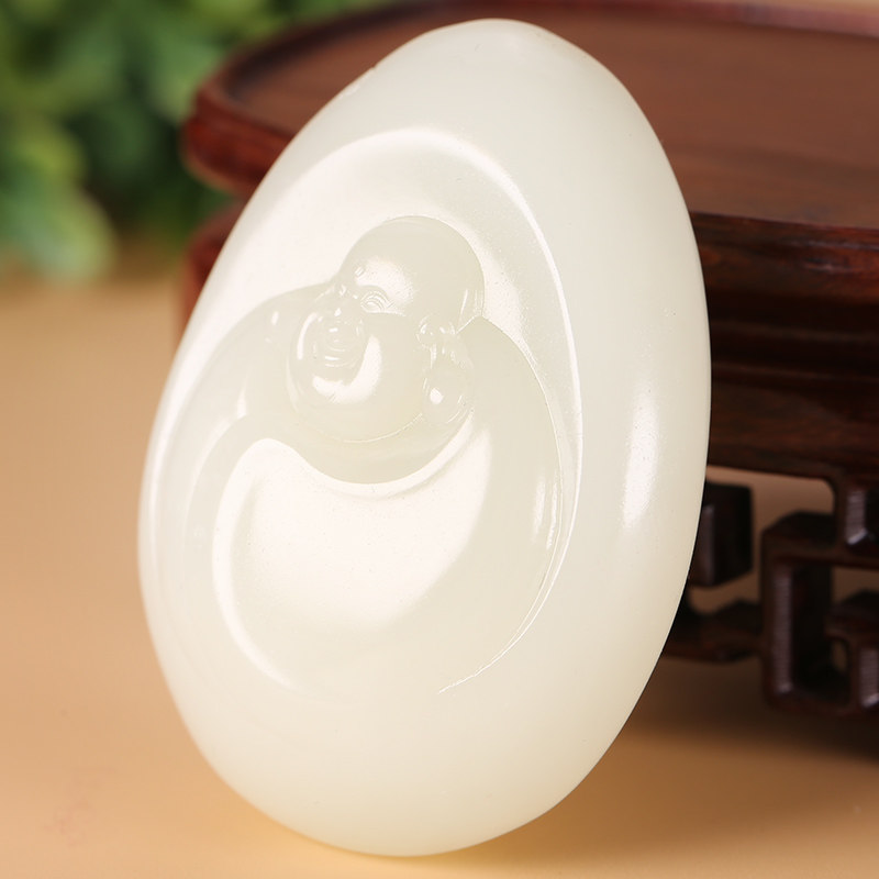 【佛佑平安】 和田玉 白玉弥勒佛挂件 49.8490克