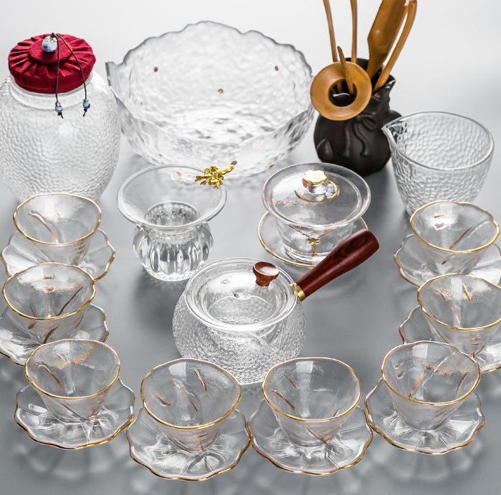 (今日5.8折)牛仁家用简约锤纹耐热玻璃功夫茶具套装日式茶杯透明泡茶