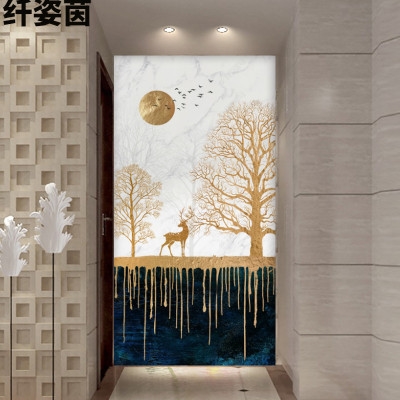 后现代壁纸_轻奢后现代简约玄关壁纸走廊麋鹿发财树墙纸进门过道背景
