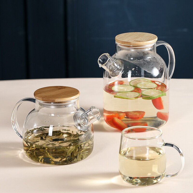 l日式耐热玻璃冷水壶泡茶壶简约竹盖子烧水壶透明凉水壶茶壶
