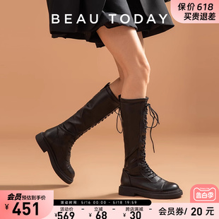 BeauToday黑色骑士靴女2024新款小个子靴子BT显高厚底长筒靴夏季