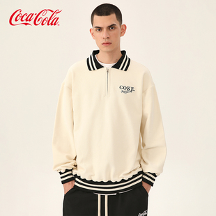 Coca-Cola/可口可乐 条纹拼接 长袖polo衫男美式高街校园翻领卫衣