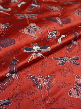 宽幅红色传统风筝纸鸢中式织锦缎布料旗袍汉服云锦丝绸缎子面料.