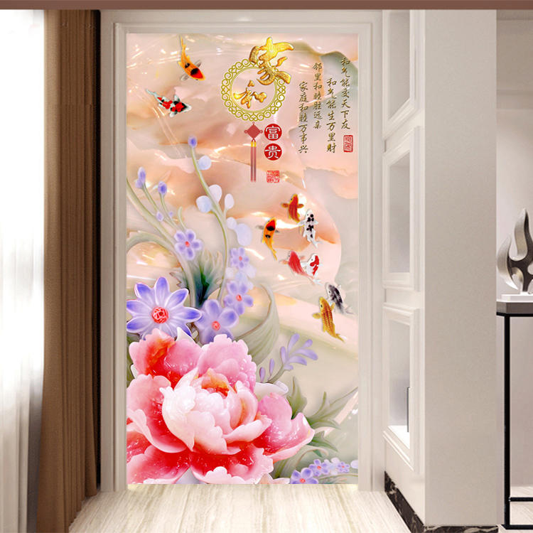 简约现代瓷砖玄关背景墙3d立体瓷砖微晶石家和荷花牡丹九鱼图福