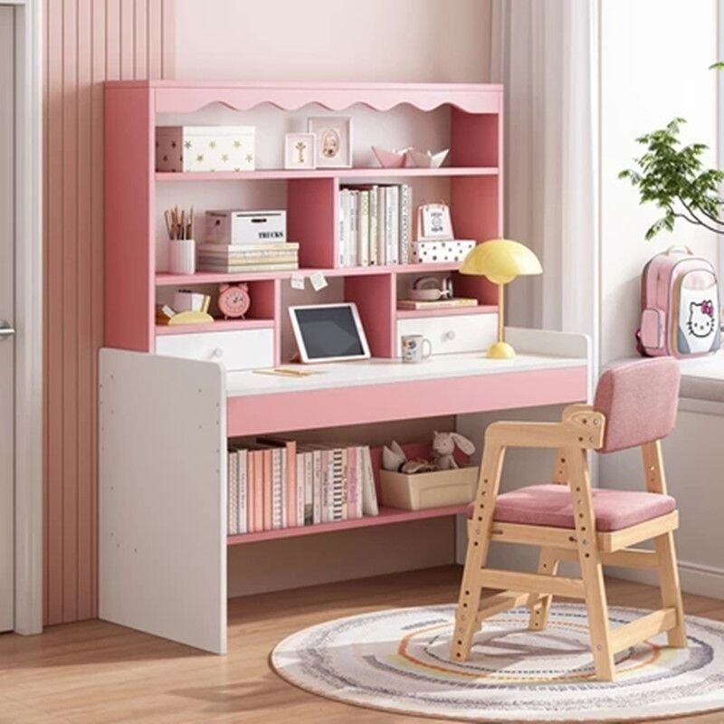 初中生小户型儿童书桌女孩卧室带书架一体桌粉色学习书桌椅子一