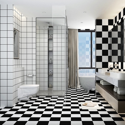 简约北欧黑白格子自粘瓷砖贴纸卫生间地贴淋浴防水墙纸厨房防油贴