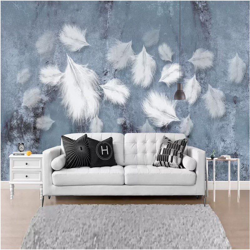 北欧简约创意壁画手绘黑白羽毛墙纸d布轻奢彩色羽毛电视背景墙壁