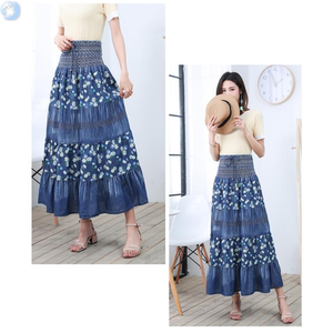 夏季半身裙子民族风牛仔长裙松紧高腰大摆百褶裙两穿抹胸连衣.