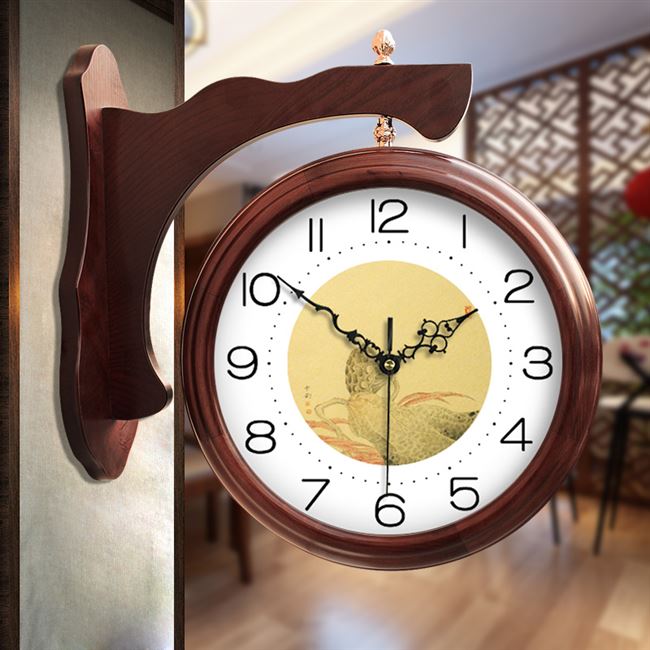 两面挂表美式新中式实木双面挂钟北欧实木钟表钟客厅中国风