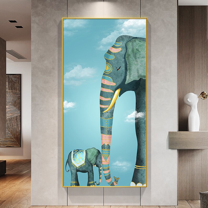 新品现代简约玄关装饰画大象进门入走廊过道竖版挂画轻奢背景墙面