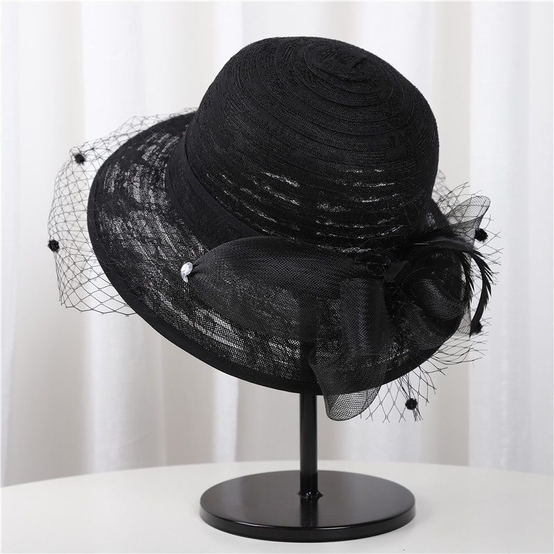 英伦时尚名媛礼帽女圆顶网纱帽子女夏天太阳帽复古蕾丝半卷边盆帽