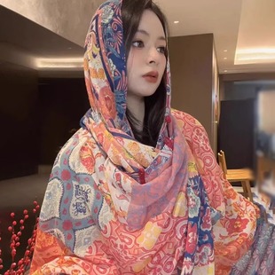 民族风披风中式盘扣防晒旅游披肩女夏季时尚百搭游玩度假拍照丝巾
