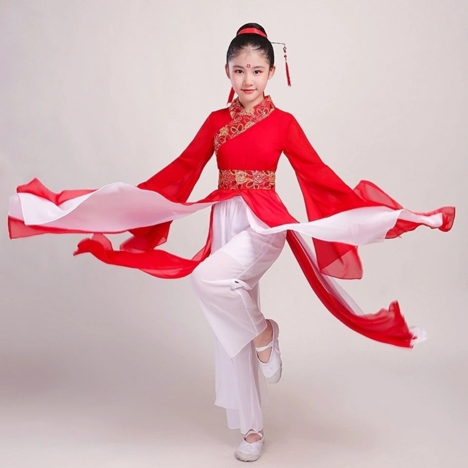 新品女童舞蹈演出服红色古典蹈表演服六一儿童古装汉服裙中国风扇